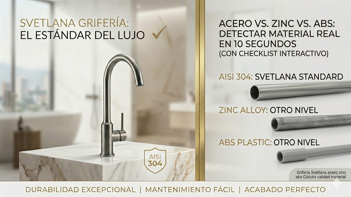 Comparativa materiales grifería acero 304 zinc zamak ABS prueba imán Colombia